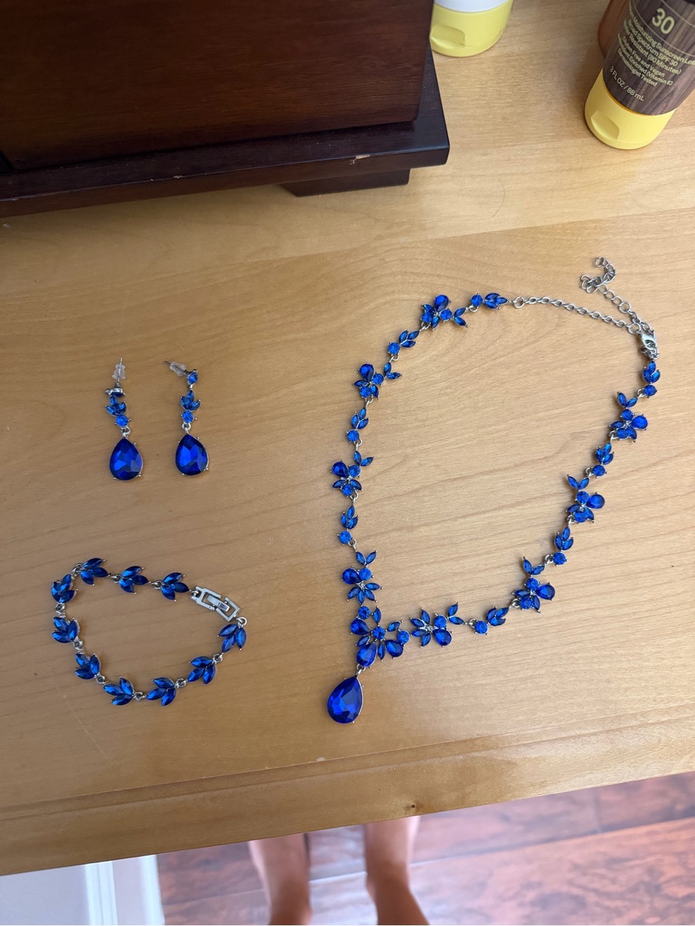 Blue Crystal Floral Necklace, Bracelet & Earring Set